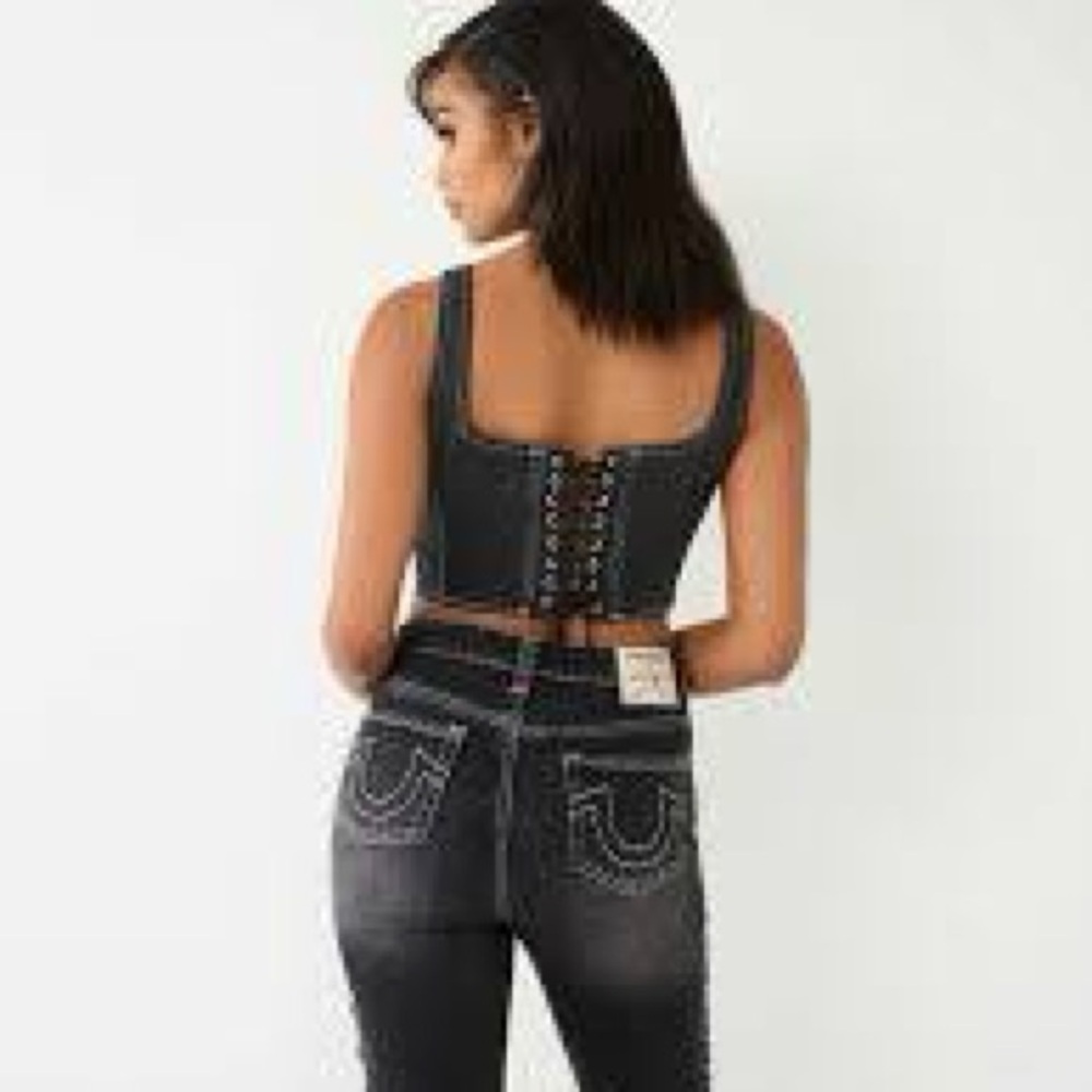 True Religion Lace Up Black Denim Corset Top - Picture 2 of 2